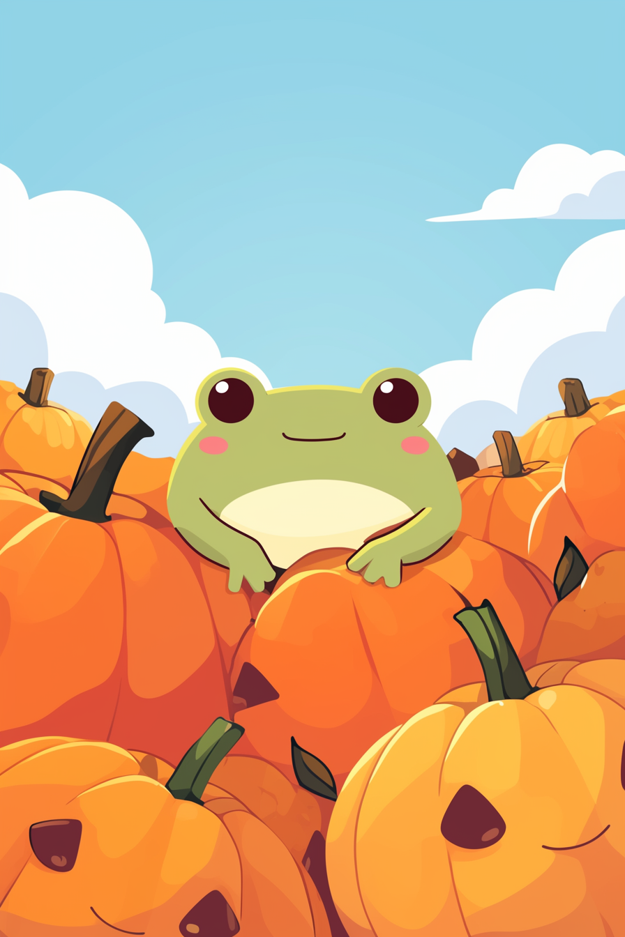 Halloween frog drawing ideas 2 featuring a cute frog sitting among carved pumpkins, surrounded by a clear blue sky.